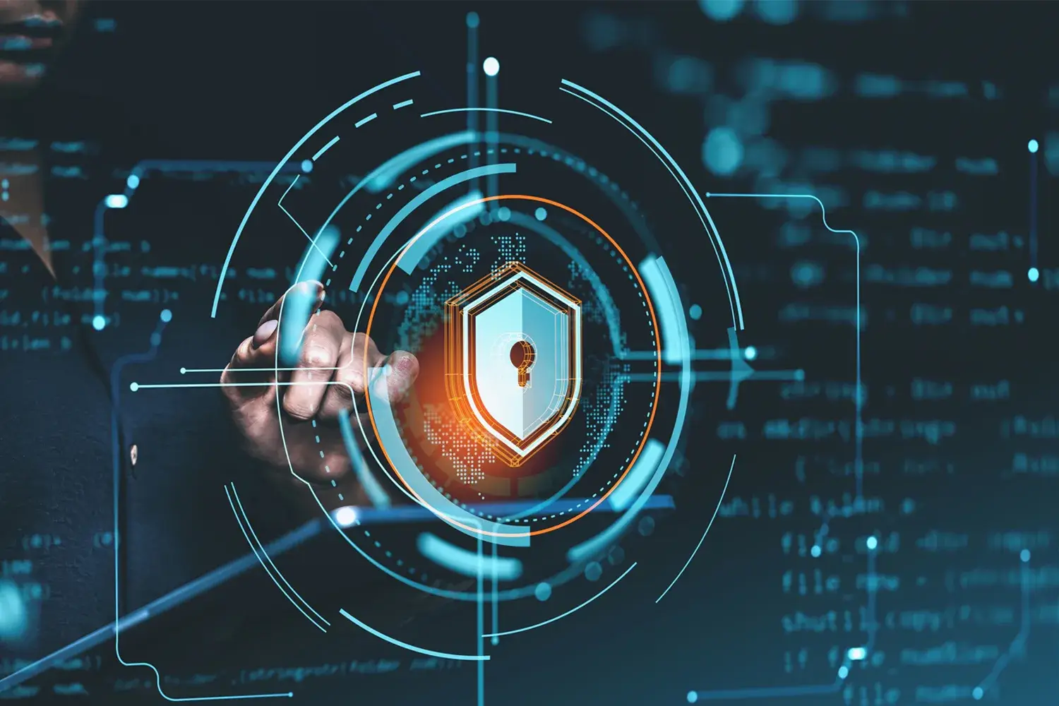 A person interacts with a cybersecurity interface featuring a shield icon and coding elements on a dark background, representing data protection